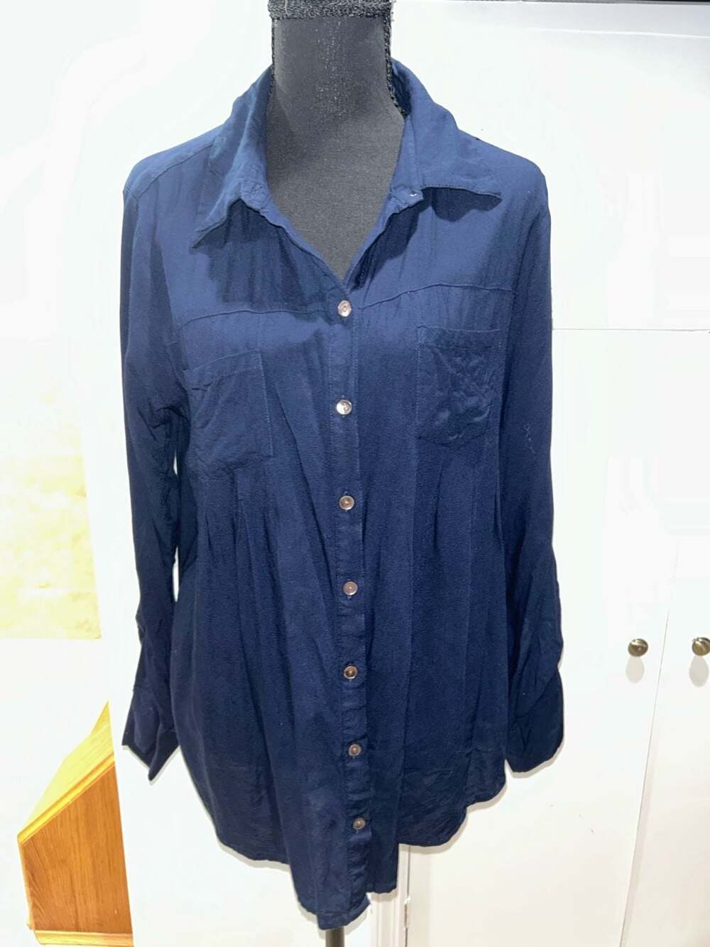 Style and co Women's Navy Blue Button-Up Tunic Blouse with Roll-Tab Long Sleeves